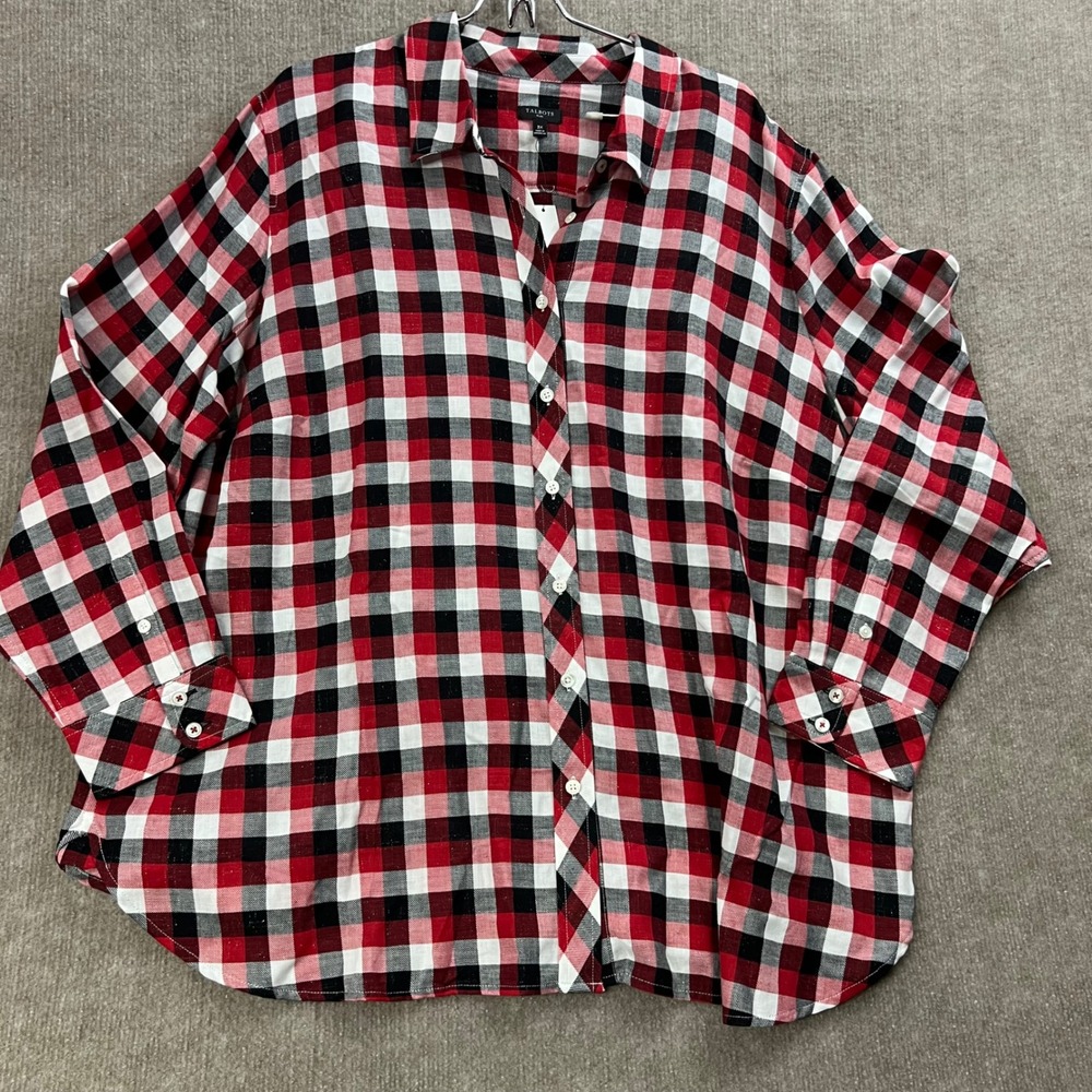 NWT Talbots Plus Size 3X Red Black White Plaid Sparkle Button Down Shirt Top
